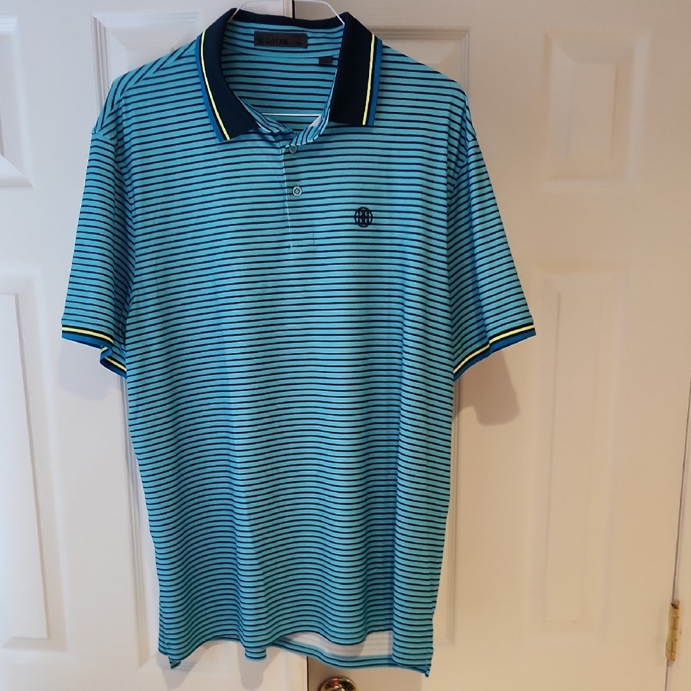 G/FORE Aqua and Navy Striped Polo Golf Shirt